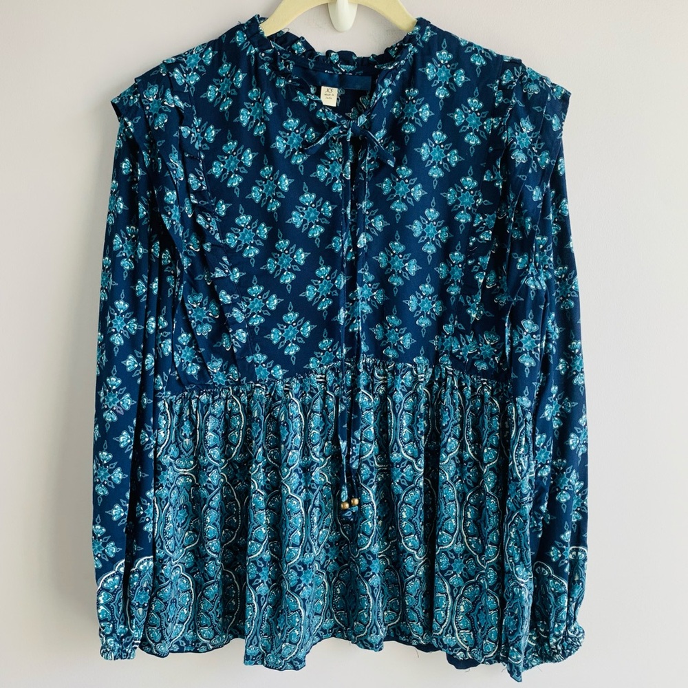 Blue Rain Peasant Blouse Top Aqua Blue Ruffles Paisley Long Sleeve Boho EUC XS